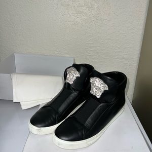 Versace Idol Black Leather Palazzo High-Top Crystal Medusa Sneakers.